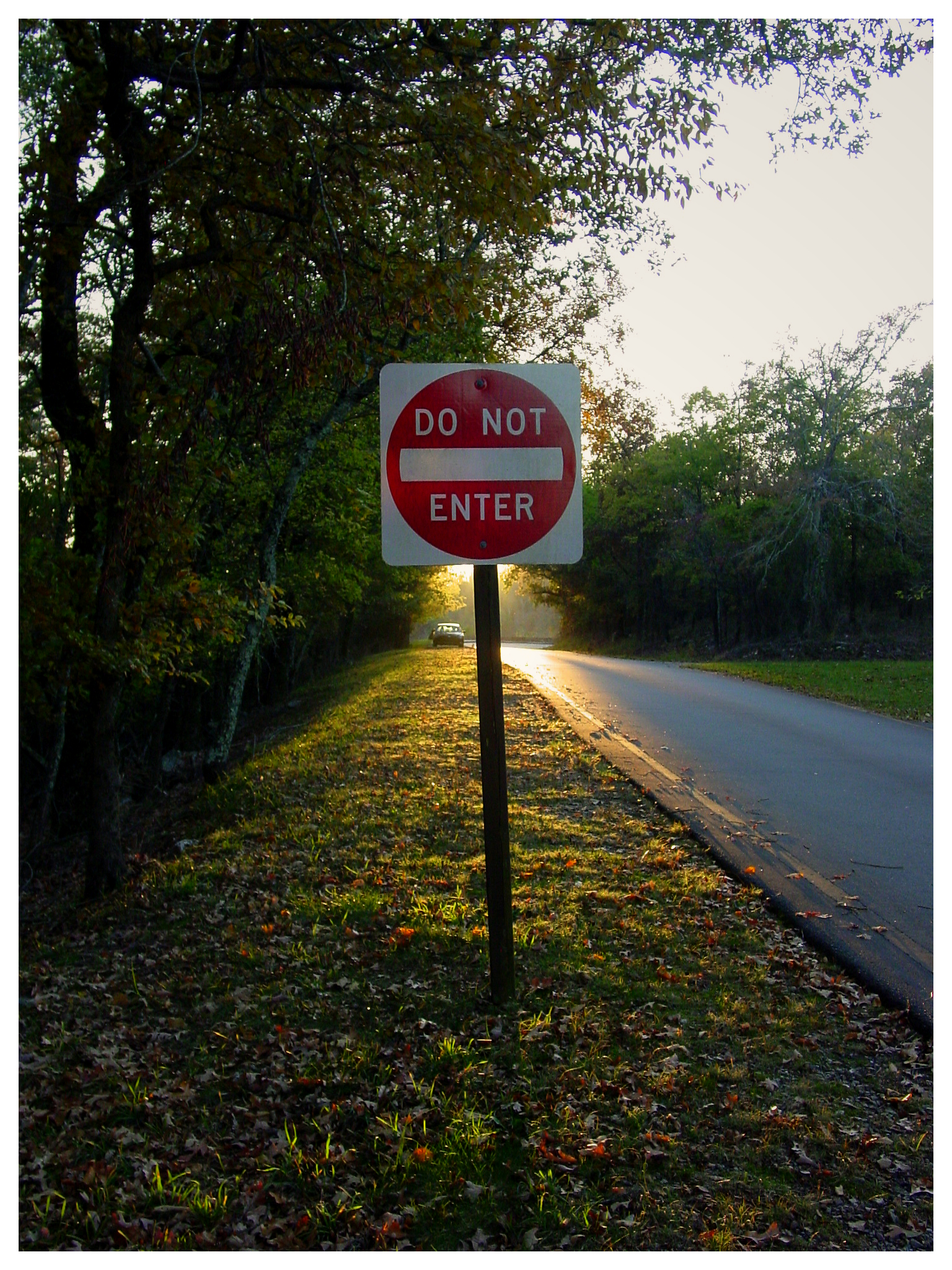 Do Not Enter sign beside a road at sunset